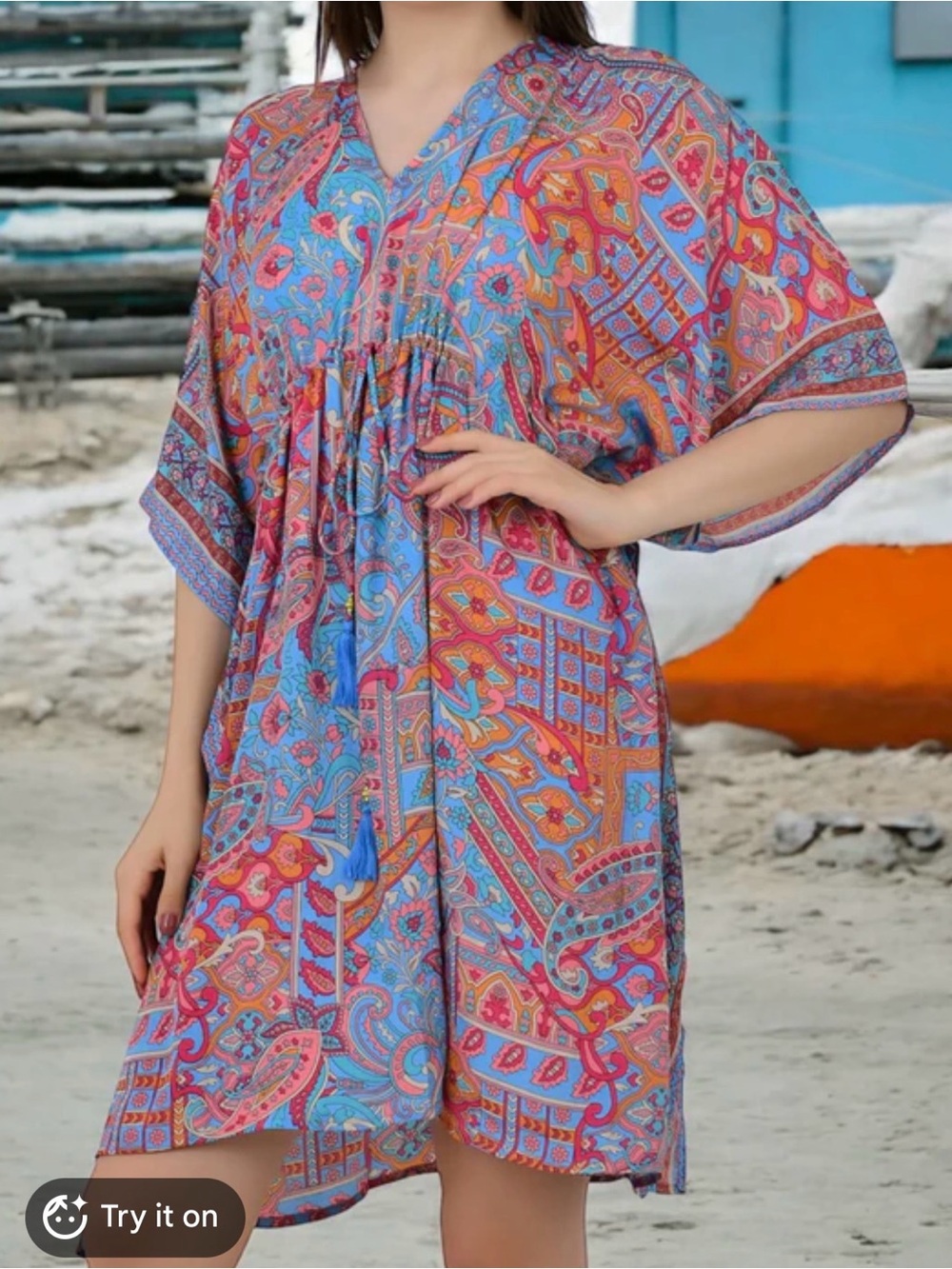 Colorful Paisley Beach Cover-Up Dress - Blue & Orange